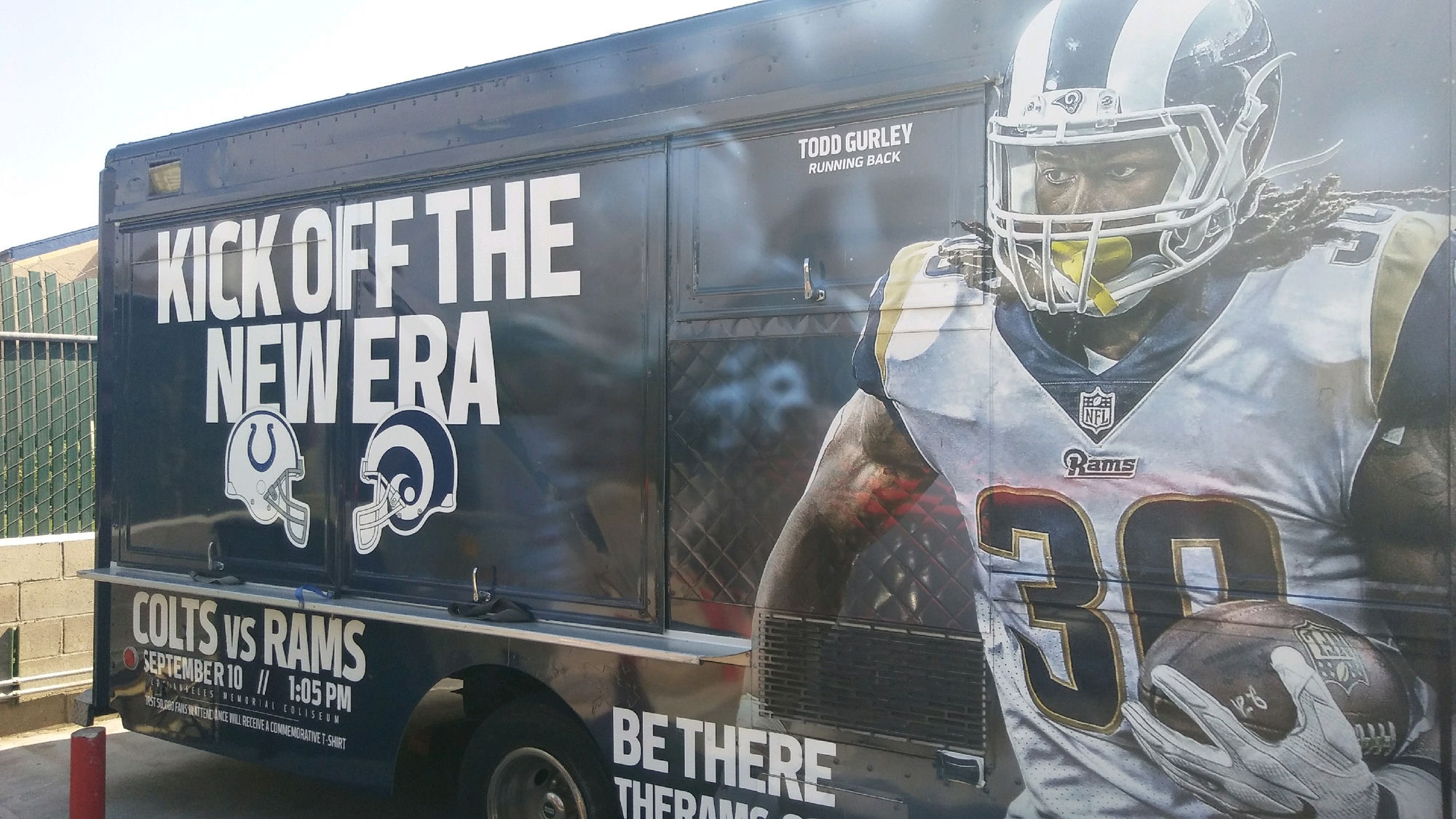 LA Rams branded food truck wrap by The Lime Truck — full vinyl with Todd Gurley and Kick Off the New Era campaign